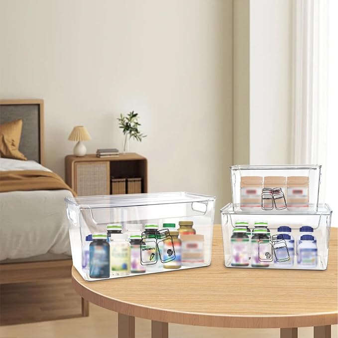 3 Pieces Supplement Bottle Organizer, Clear Plastic Vitamin Organizer with Lid and Handle, Stackable Pill Bottle Organizer, First Aid Box Empty for Vitamin, Medicine, Fish Oil & Supplements