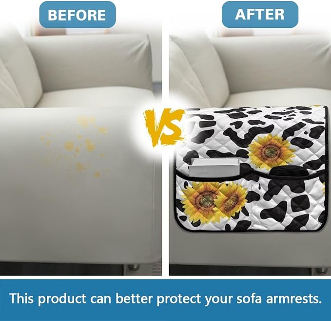 Cow Sunflower Stretch Armrest Covers Couch Arm Cover Non-Slip Arm Rest Covers with Two Pockets Armchair Slipcovers for Recliner Furniture Protector Home Decor