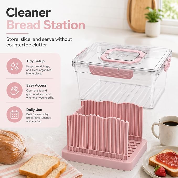VECELO 2‑in‑1 Bread Slicer & Airtight Bread Storage Box with Handle, Plastic Bread Container with Lid for Keeping Fresh, Ideal for Bread, Cake, Buns,Pink
