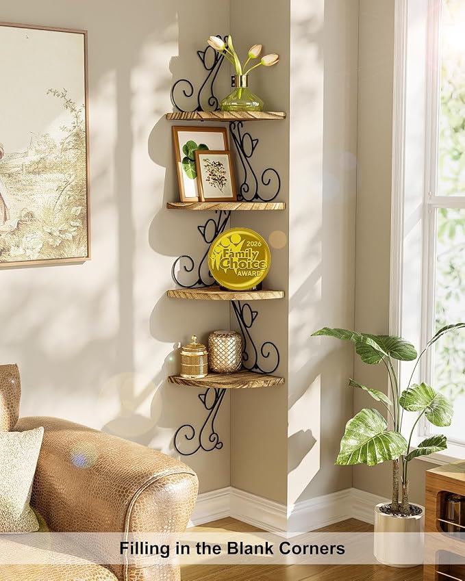 Alsonerbay 4-Tier Cat Shaped Corner Shelf Wall Mount, Carbonized Black | Curved solid wood, 35.2 lbs total capacity, reinforced metal bracket, rustic decor, for bedroom, living room & kitchen