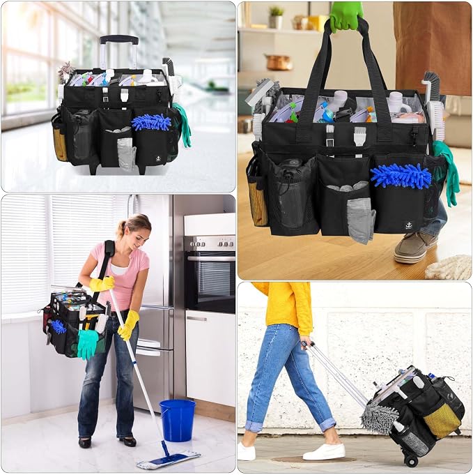 Rolling Cleaning Caddy Bag Built-in Hard Plastic Sheet Detachable Trolley | Aluminum foil lining, Adjustable dividers Adjustable Shoulder Strap and Multiple Storage Pockets