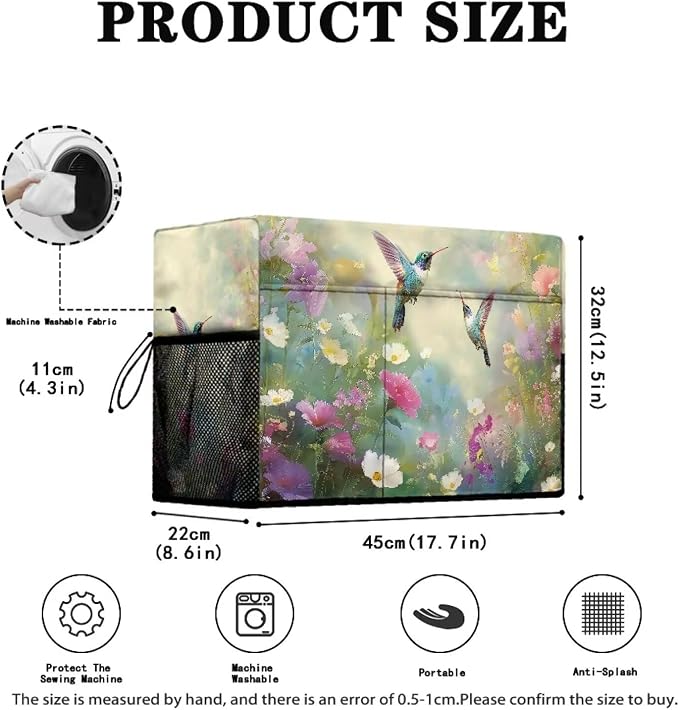 Spring Hummingbird Sewing Machine Cover with Storage Pocket,Enhance Your Sewing Experience with Artistic Flair, Duty, Dust & Pet Hair Protection, Fits Brother, Singer, Janome