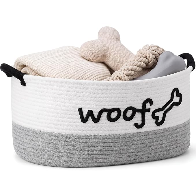 Zhehao Dog Woven Toy Basket with Handles, 19 x 11 x 9 in, White Gray | Cotton Rope Dog Toy Storage Bin, Pet Basket with Woof Bone Embroidery, for Puppy Bone & Blankets