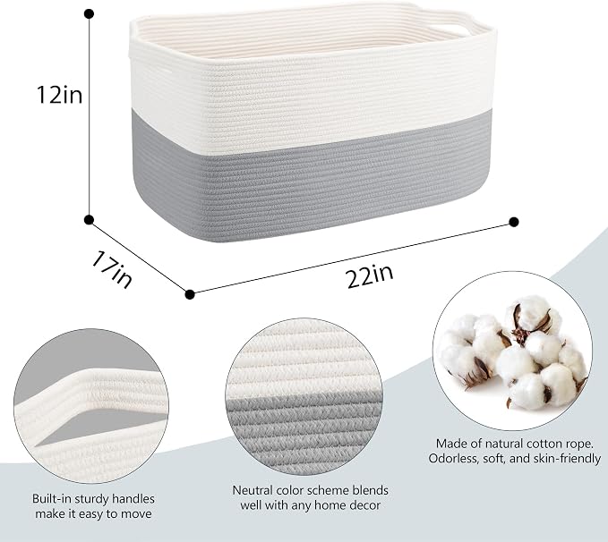 MEGASKET Extra Large Laundry Basket, Rectangle Woven Cotton Rope Storage Basket with Handles, Wicker Laundry Hamper, Farmhouse Storage Bin for Blankets Clothes Toys, Grey, 22" x 17" x 12"
