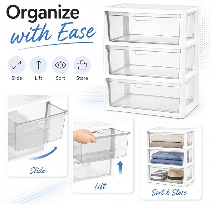 3 Drawer Plastic Storage Tower Wide Organizer for Closet Bedroom (White) | Stackable wide drawers for clothes, toys and crafts. Durable see-through plastic provides quick visibility.