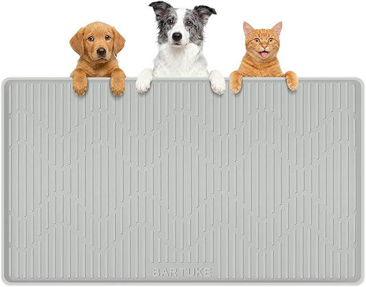 Silicone Cat & Dog Food Mat, 34" x 20" Large Pet Feeding Mat for Cats and Dogs Bowl, Pet Placemat for Food and Water with Raised Edge, Waterproof, Leakproof (Grey)