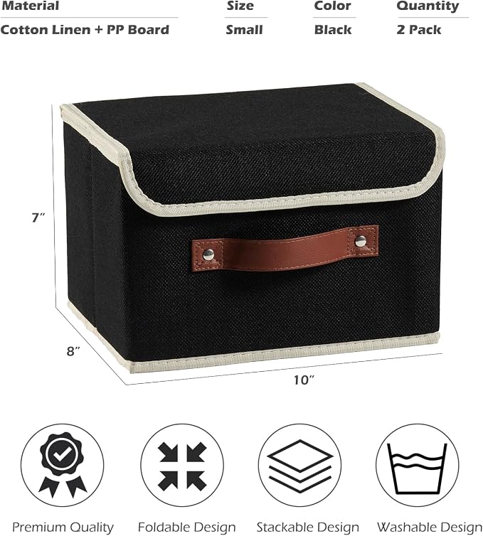 2PCS Storage Boxes with Lids Cotton Linen Fabric Bins Baskets | Decorative Collapsible Washable, Clothes Container Organizer for Closet Shelf, w/ Faux Leather Handles, Black, Small