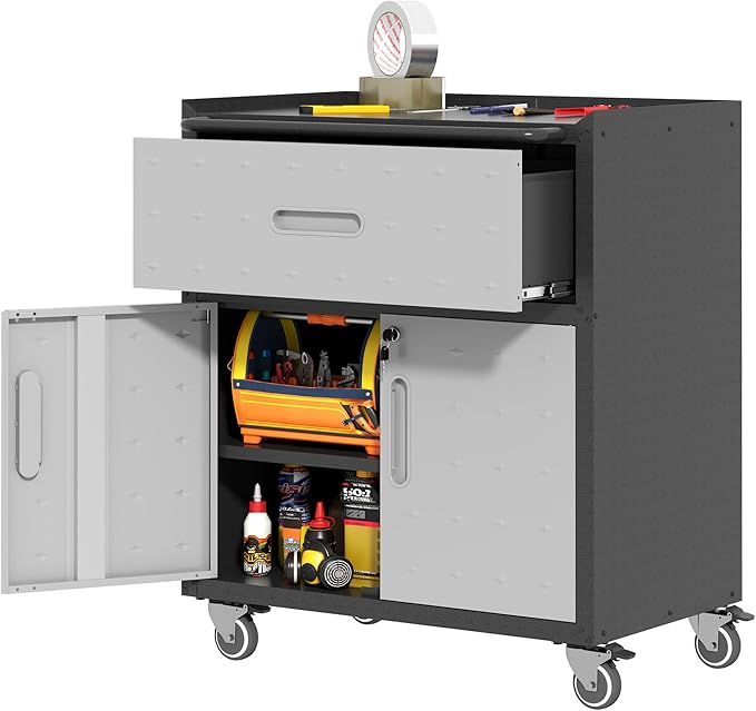 Metal Storage Cabinet for Garage, Tool Cabinet, Utility Cabinet | Wheeled, Rolling Tool Cabinet, Lockable, 2 Doors,1 Drawer, Top Countertop, Assembly Required, Black & Grey