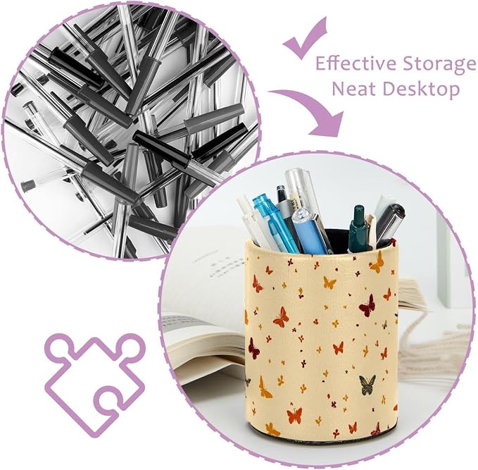 Faux Leather Pen Holder for Desk, Pencil Organizer Butterfly Pen Cup Desk Decor Makeup Brush Holder Storage for Office Home