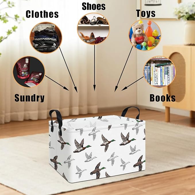 Rectangular Storage Basket Nursery Toy Organizer Mallard Duck | Storage Bin Foldable Canvas with Handles for Organizing Home Kitchen Children Toys Office Closet Shelf Baskets