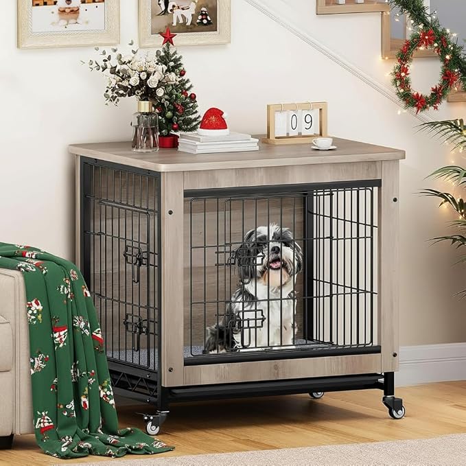 YITAHOME 27" Dog Crate Furniture with Wheels, Cushion & Tray | Dog Kennel Indoor End Table with Double Doors for Small Dog, Gray