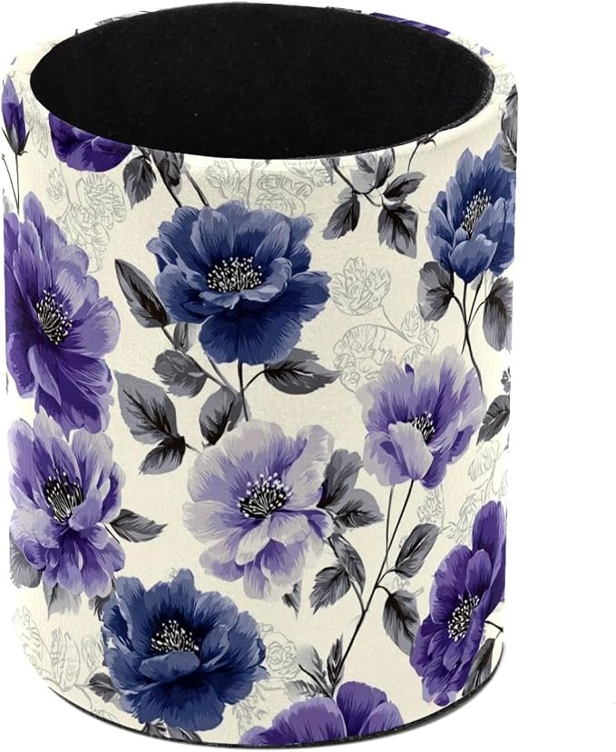 Faux Leather Pen Holder for Desk, Pencil Organizer Purple Flowers Pen Cup Desk Decor Makeup Brush Holder Storage for Office Home