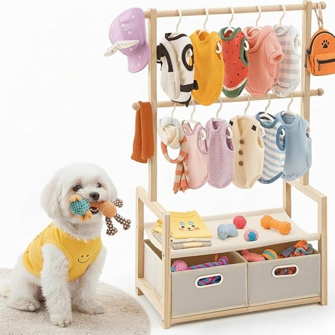 Teenyyou Dog Wardrobe Closet for Small Dogs, 37.4 x 19.7 x 11.8 in Wooden Dog Clothes Rack with 2 Hanging Rods, 2 Storage Baskets and Shelf, Pet Closet Organizer for Clothes, Toys, Leashes, Wood Color