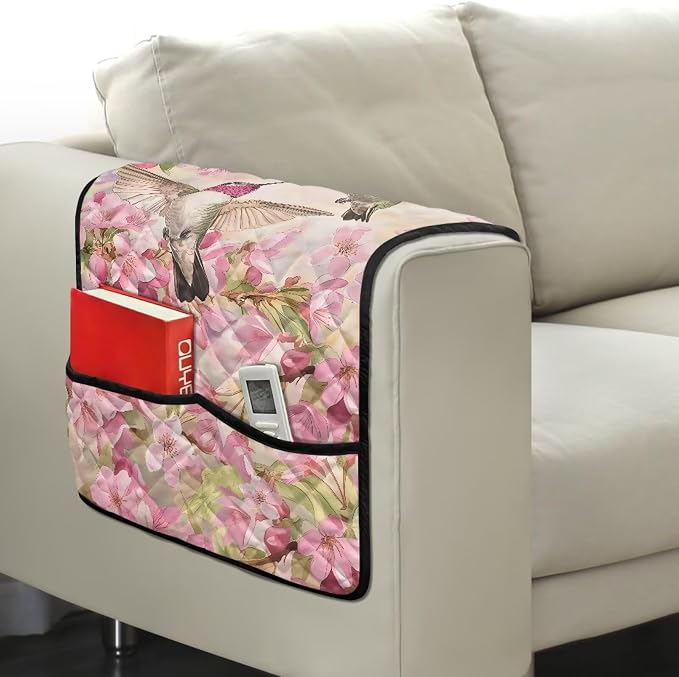 Hummingbird Cherry Blossom Chair Arm Protectors with 2 Pockets Stretch Couch Armrest Cover,Arm Rest Covers for Sofa,Dustproof Soft Armchair Covers for Arms Wasahble Sofa Arm Slipcover