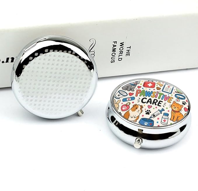 Pawsitive Care and Pet Love Round Pill Box with 3 Compartments, Portable Travel Pill Organizer with Spring Snap Closure for Vitamins Supplements Fish Oil