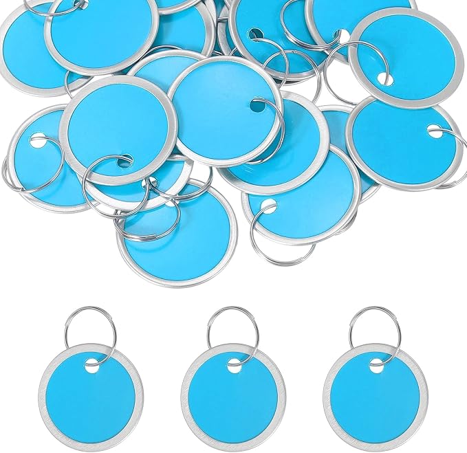 PATIKIL 1.2 Inch Metal Rim Key Tags 25 Pack Blank Round Paper Tags Bulk Writable Keychain Identifiers with Split Rings for Car Door Drawer Key Luggage Pet, Blue