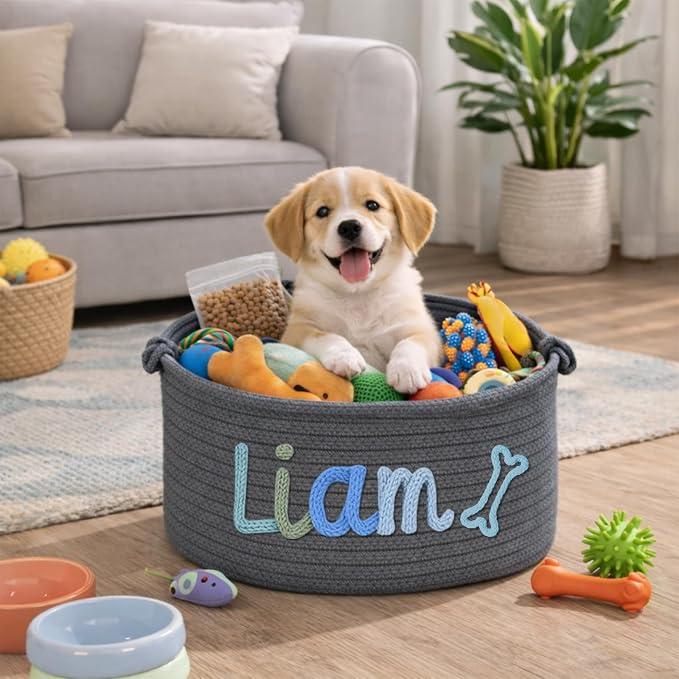 Personalized Dog & Cat Toys Bin with Name Custom Toy Storage Basket for Puppy Kitten Pet Supplies Organizer with Handmade Cotton Rope Name Gifts Basket for Pet Birthday Christmas