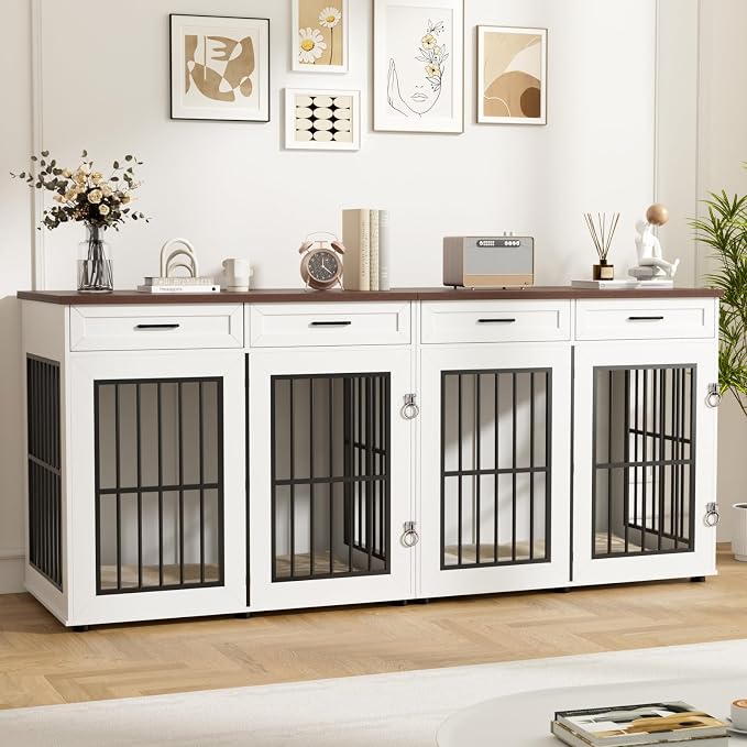 VOWNER 87" Dog Crate Furniture for 2 Dogs, Double Dog Cage Furniture, White | Extra Large Wooden Dog Kennel with 4 Drawer, Removable Divider, Furniture-Style TV Stand, XXL Dog Crate for Large Medium Dogs