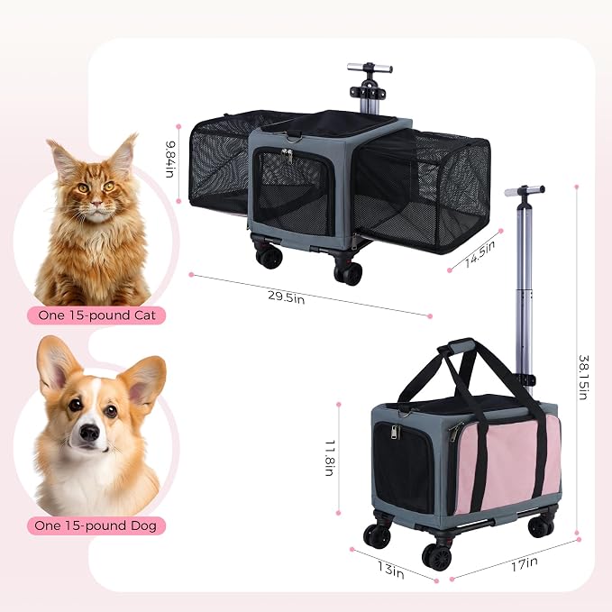 3-Sided Expandable Rolling Pet Carrier with Wheels, Small Cat Dog Travel Carrier, Foldable Portable Bag Grey Pink for Travel Camping Vet Outdoor Indoor Use