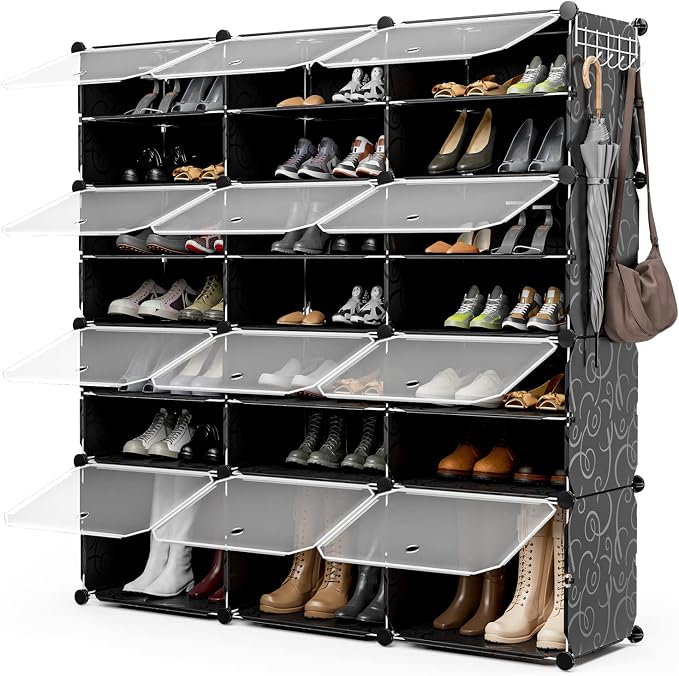 GOFLAME Portable Shoe Rack Organizer, 48 Pairs Expandable Modular Shoe Storage Cabinet with Doors, Adjustable Panels, 8-Tier DIY Shoe Shelves for Closet, Hallway, Entryway, Easy Assembly, Black