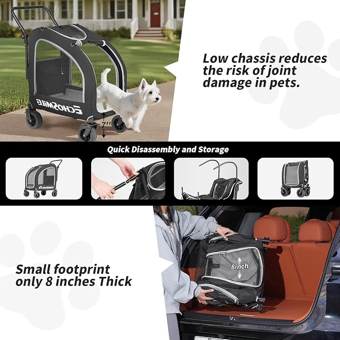 EchoSmile 4-Wheel Pet Stroller for Dogs & Cats, Up to 135 lbs, Black | Lightweight Carrier · Storage Basket Included · Adjustable Handle · Removable Pad