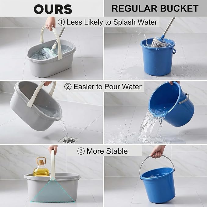 Compact Mop Bucket with Handle, Rectangular Cleaning Bucket and Caddy for Cleaning Supplies, 10L, Grey
