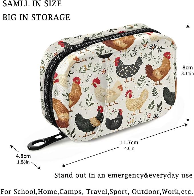 Fustylead Vintage Farm Chicken Rooster Hen Travel Pill Case Bag with Zipper Weekly Pill Box 8 Compartments 7 Day Personal Pill Case Purse Medicine Case Organizer