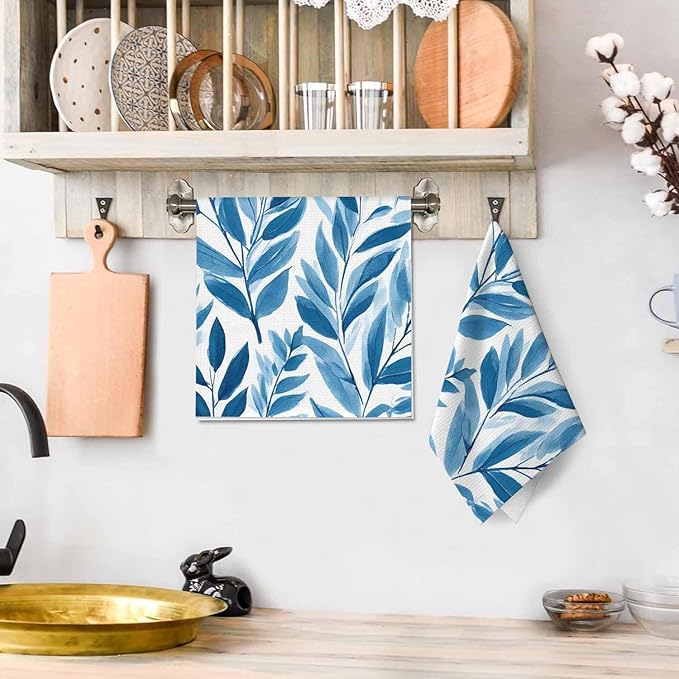 Blue Tropical Leaves Kitchen Towels Set of 2 Watercolor Floral Colorful Abstract Organic Nature Botanical Dish Towels Absorbent Soft Hand Tea Bar Towels for Farmhouse Home Decor 16"X24"