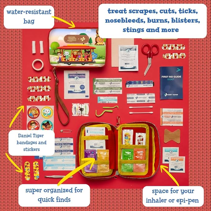 KeepGoing Daniel Tiger’s Travel First Aid Kit for Kids – 130 Pc. for Car, Home, Purse, Diaper Bag & Backpack with Latex-Free Bandages - Mini First Aid Kit Travel Size TSA-Approved