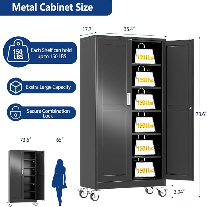 Ckzbx Metal Large Garage Storage Cabinet with Locking Doors and Adjustable Shelves,73.6" H Rolling Tool Storage with Wheels for Garage,Office (Black)