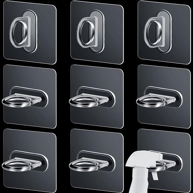 14 Pcs Adhesive Spray Bottle Holder Hooks, Clear Acrylic No Drill Wall Mount Hanger for Shower Curtain Rod Kitchen Bathroom Cleaning Bottle Storage Organizer