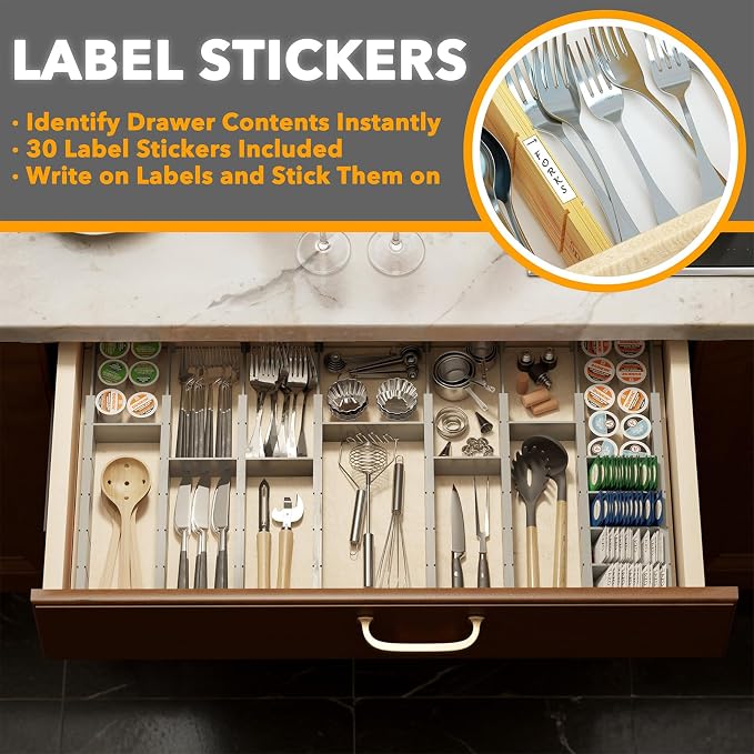 SpaceAid Bamboo Drawer Dividers with Inserts and Labels, Kitchen Adjustable Drawer Organizers, Expandable Organization for Home, Office, Dressers, 10 Dividers with 24 Inserts (17"-22" Gray)