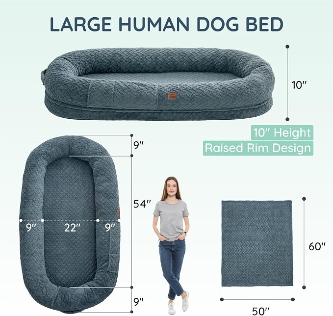 ChiXnuggle Orthopedic Human Dog Bed,with Faux Fur Washable Cover,Blanket | bluish grey,72*40*10,giant dog bed for adult or extra large dogs,egg crate foam,non-slip bottom