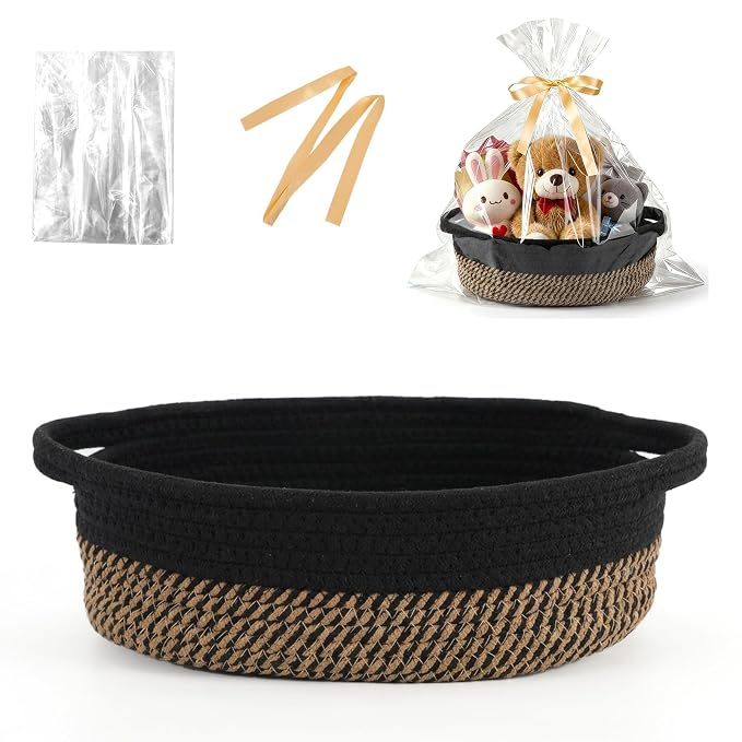 Basket for Gifts Empty, Small Woven Basket with Bags and Ribbons, Baby Toy Baskets with Handles, Wicker Storage Bin for Baby Showers or Pet Toy (Black & Brown, 1 Pack (12"x 8"x 3.74"))