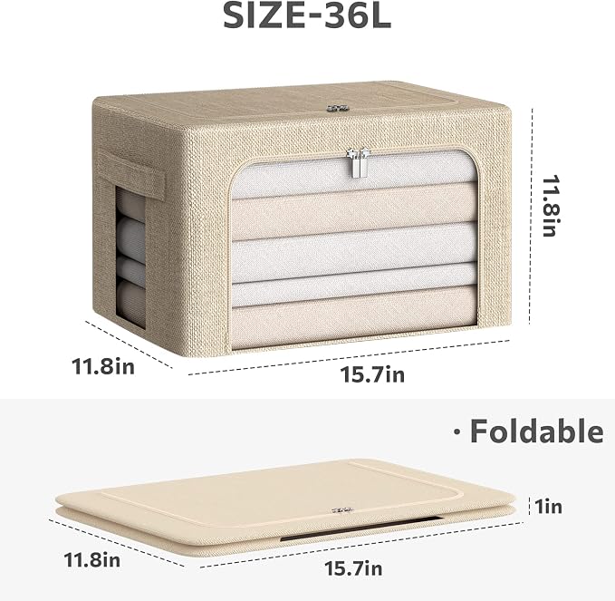 CYhom 3Pack Foldable Storage Bins - Frame Storage Box Linen Fabric Stackable Clothes Container Organizer with Clear Window & Carry Handles Large Capacity (Medium-36L, Beige)