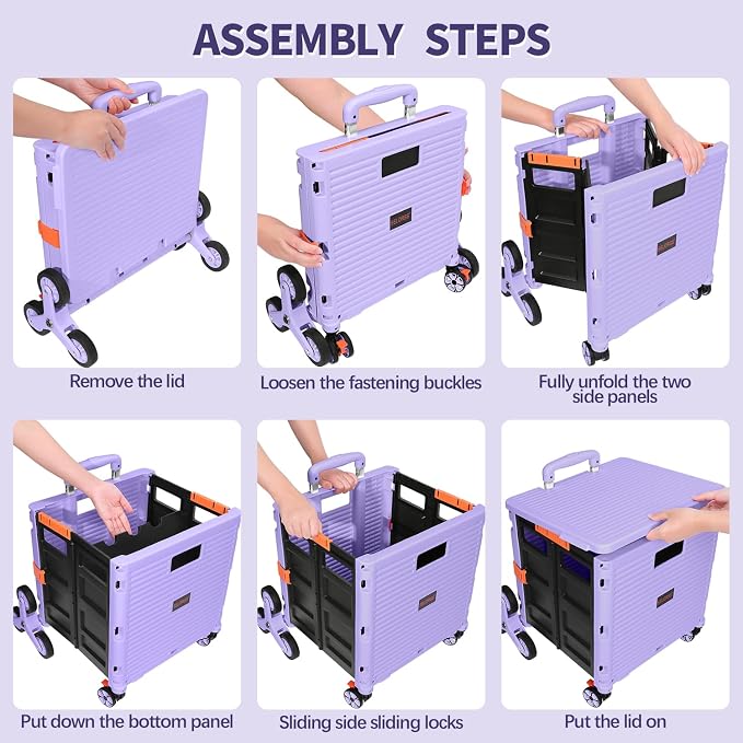 Foldable Utility Cart Collapsible Crate Rolling Carts with Stair Climbing Wheels Rolling Tote Basket Teacher Cart with Lid Wear-Resistant 360°Rotate Wheel Noiseless for Shopping Grocery Office
