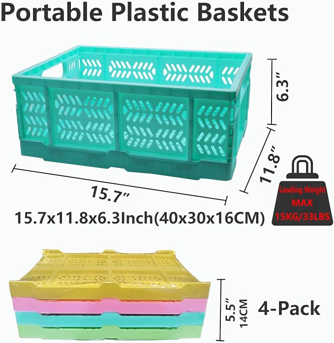 4 Pack 20L Large Closet Storage Baskets Bins for Shelves | Foldable Closet Organizers and Storage with Handles Home Organization | Plastic Collapsible Baskets for Organizing Clothes