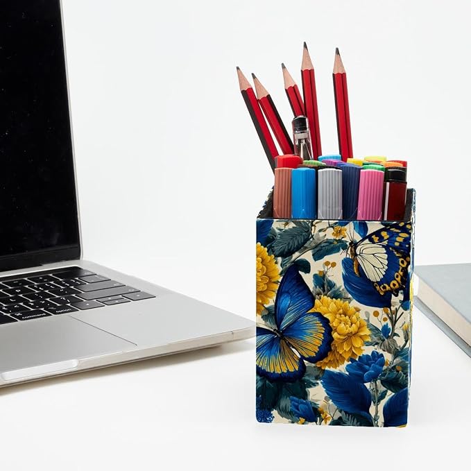 Butterfly Pen Holder for Desk Decor, Rectangular PVC Leather Pencil Cup for Desk Pen Organizer, Makeup Brush Holder for School, Home, Office