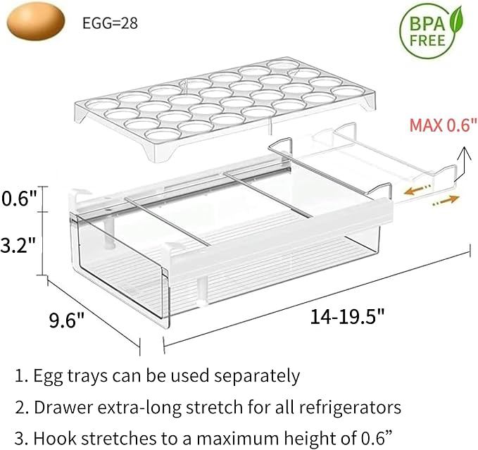 vacane Fridge 28 Egg Drawer Pull Out,Clear Egg Holder Tray for Refrigerator With Handle, Refrigerator Organizer Bins Heavy Duty-L With Egg Tray
