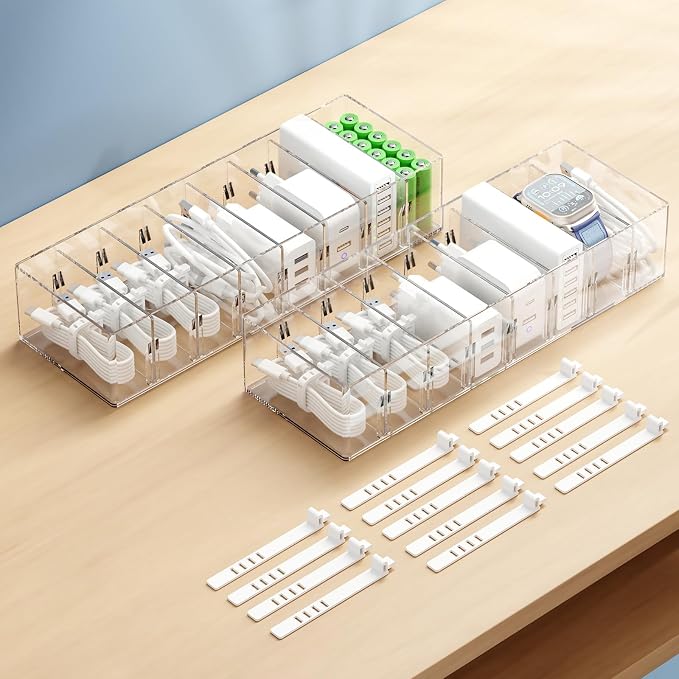 FRETONBA 2 Pack Cable Storage Organizer Box with 8 Compartments, Small | Stackable Design, Adjustable Divider, Clear for Quick Access, 14 Reusable Wire Ties, Fits Drawer & Desk