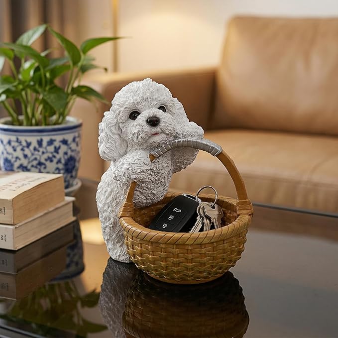 Cute White Poodle Candy Bowl, Resin Dog Figurine Key Bowl for Entryway Table, Desktop Storage Basket Organizer for Desk, Unique Poodle Lover Gift