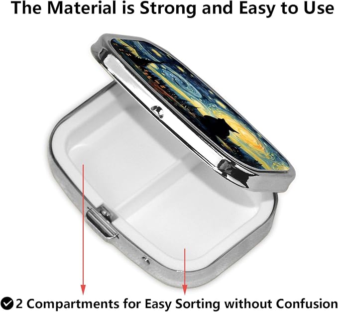 ABLESKY Pill Box, 2 Compartment Pill Organizer Case for Pocket or Purse, Small Portable Metal Travel Medicine Box with Mirror, Daily Vitamins Fish Oil Container-Starry Sky Cat