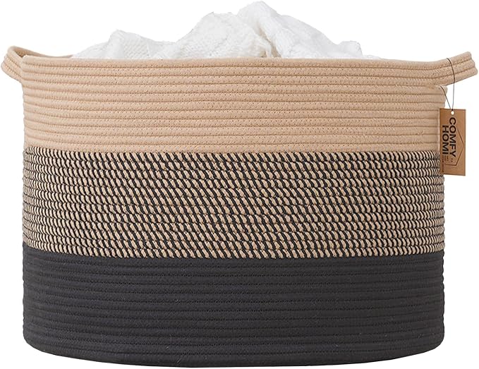 COMFY-HOMI XXXL Large Laundry Basket, Cotton Rope Nursery Woven Basket for Storage, Blanket Baskets Living Room Laundry Hamper, Dog Toy Storage Organizer, Home Decor-21''x21''x13.6''-Jute and Black