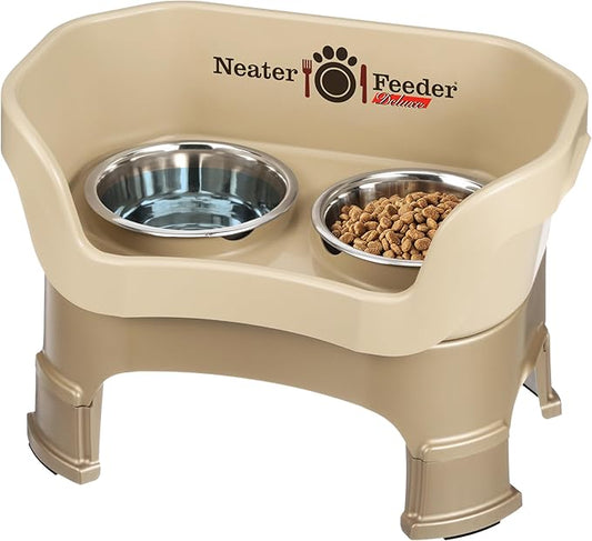 Neater Feeder Deluxe Mess-Proof Elevated Dog Bowls for Medium Dogs (19–40 lbs), 2 Height Adjustable (10” & 12.5”) No-Spill Raised Dog Bowl Stand, Stainless Steel Food Bowl Set, Made in USA, Cappuccino
