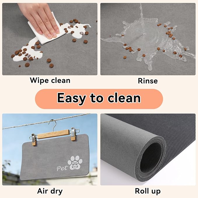 Dog Cat Feeding Mat-Absorbent Pet Bowl Mat for Food and Water, Quick Dry Water Dispenser Mat for Floors with Waterproof Rubber Backing, Puppy Cat Placemat Mats for Messy Drinkers,12"x20",Grey