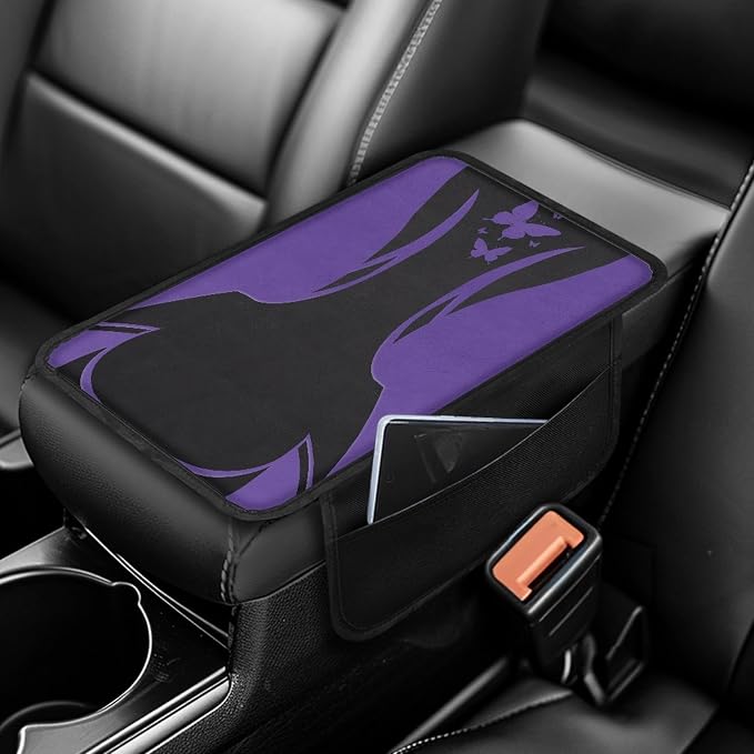Howilath Auto Armrest Cover Pad, Non-Slip for Car Center Console | Purple Butterfly High-Quality Polyester, Comfortable Support, Washable, Perfect for Daily Commute