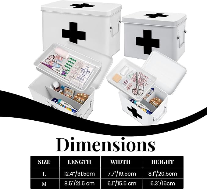 Flexzion Large Metal First Aid Box Empty, 13-Inch, White with Black Cross | Vintage Medicine Box and First Aid Storage Organizer with Removable Tray and Dividers; Empty Box Only, Supplies Not Included