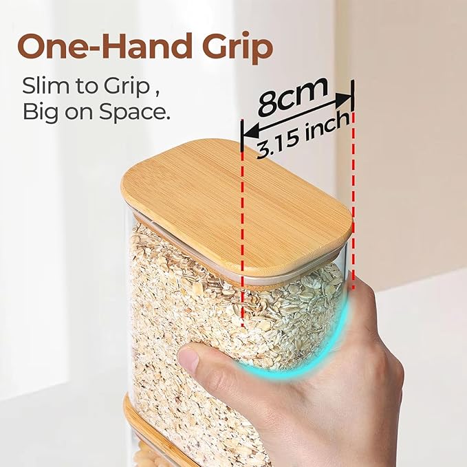 ComSaf Glass Storage Containers with Lids 1.2 Qt, Set of 4 Food Storage Jar | Glass Pantry Storage Containers, Rectangle Kitchen Canisters, Bamboo Lid with Silicone Seal, Cereal, Flour, Spice, BPA Free