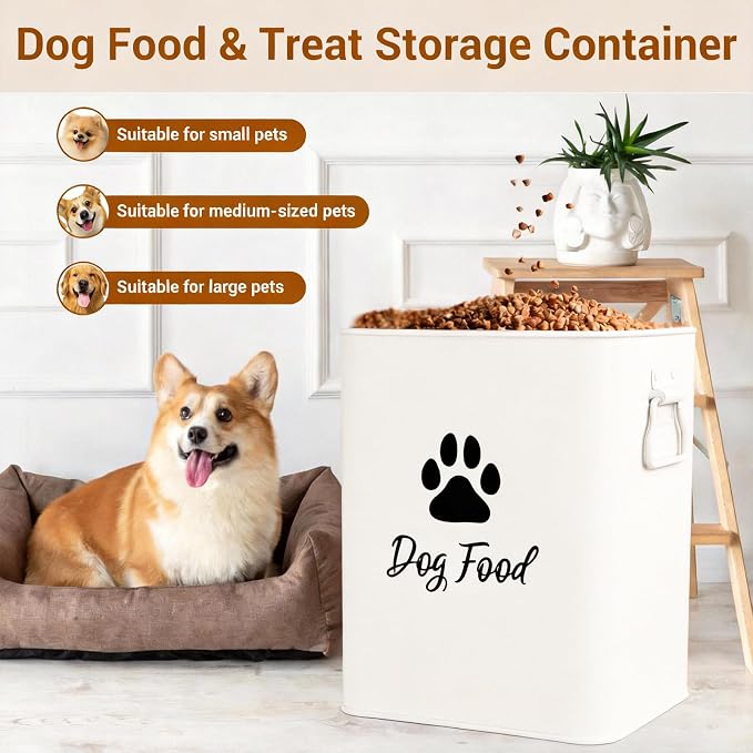 Dog Food Container 6.6lb, Cute Airtight Pet Treat Storage Containers with Metal Lid Scoop, Metal Storage Bin for Dog/Cat Durable Airtight Great Gift for Pet Owners-White