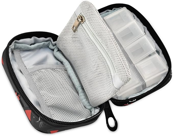 Black and Grey Cats Pill Box 7 Day Pill Case Travel Pill Organizer Bag with Zipper Portable Weekly Case Compact Size for Vitamin Supplement Holder